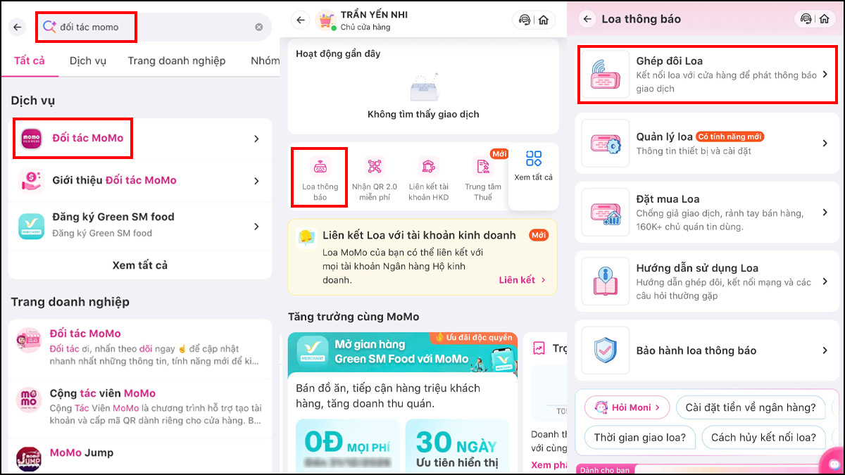Ghép đôi loa MoMo với tài khoản chủ quán