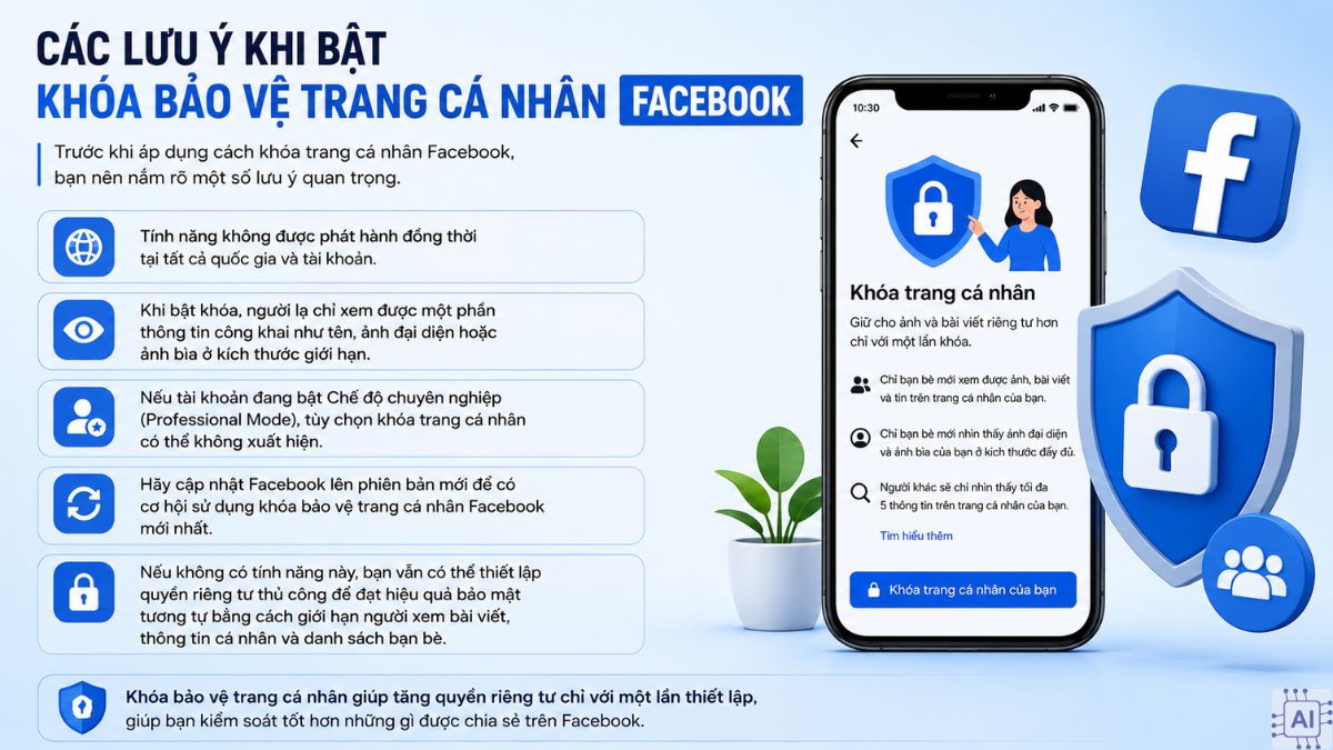 Các lưu ý khi bật khóa bảo vệ trang cá nhân Facebook