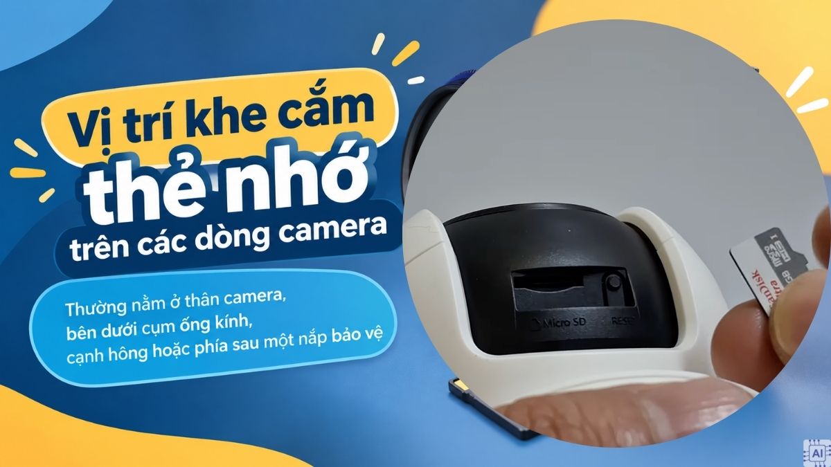 Vị trí khe cắm thẻ nhớ trên các dòng camera