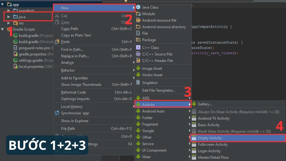 Cách thêm New Activity trong Android Studio bước 1