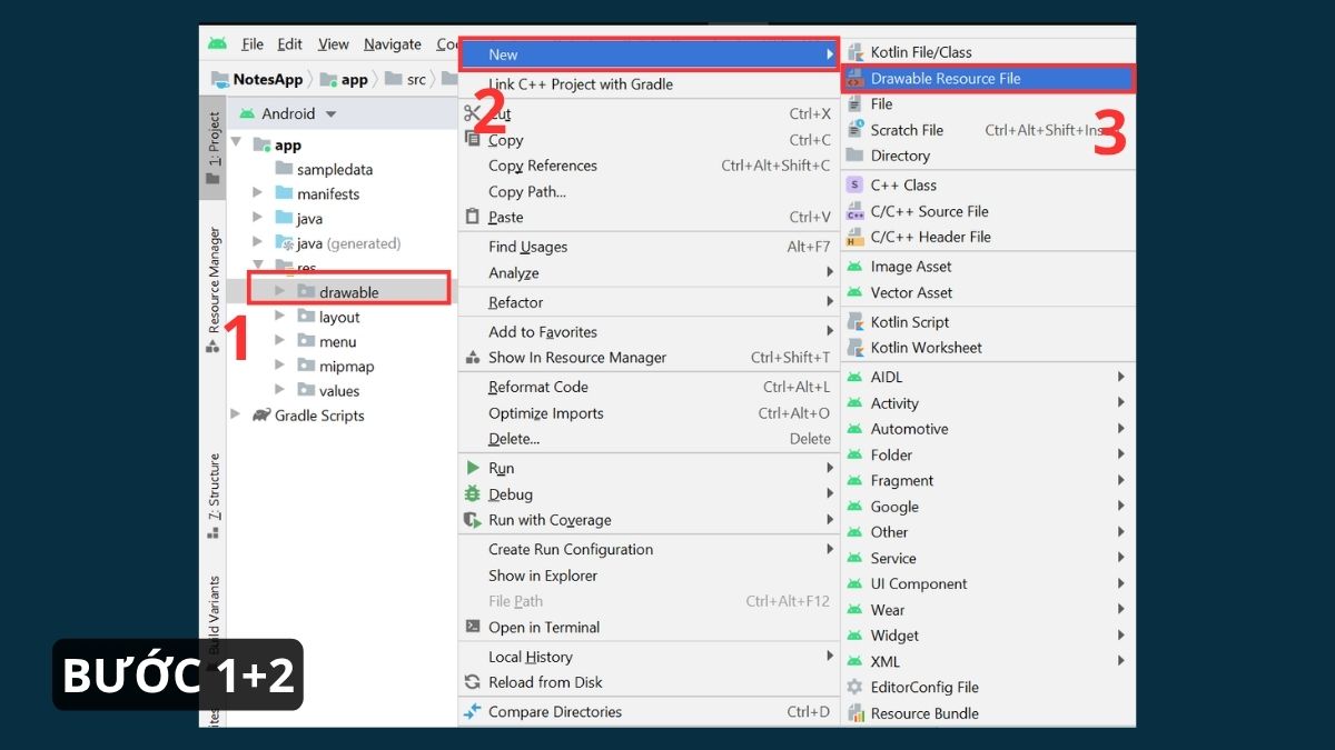 Cách tạo file XML Drawable Resource trong Android Studio bước 1