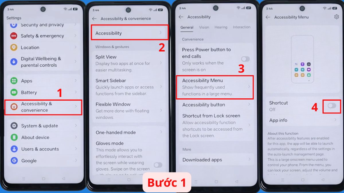 Cách tắt nguồn Android không cần nút nguồn Oppo bằng Menu Trợ năng bước 1
