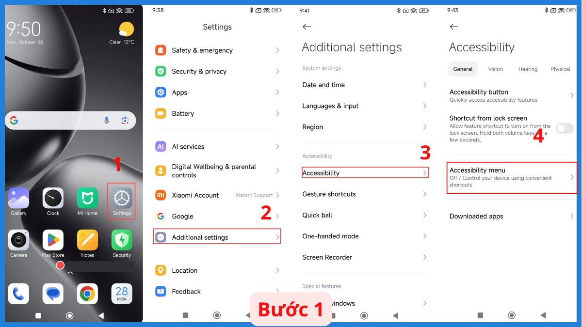Cách tắt nguồn Android không cần nút nguồn Xiaomi bằng Menu Trợ năng bước 1