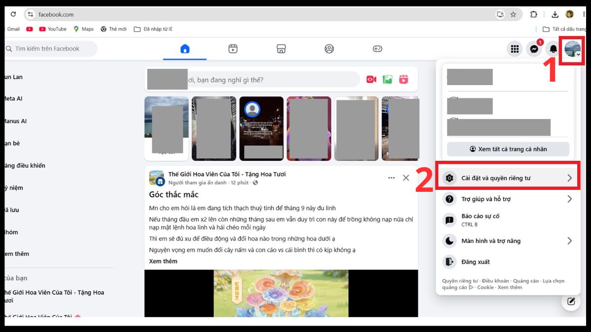 Bước 1: Mở Facebook trên trình duyệt và vào phần Cài đặt