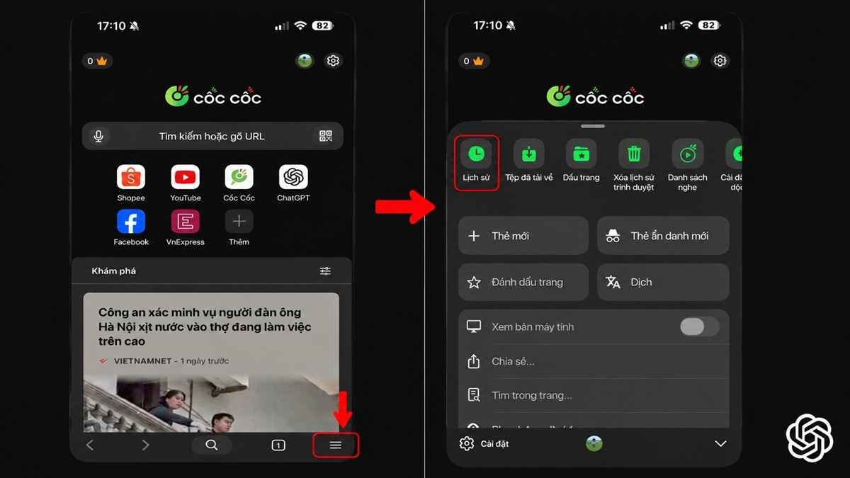 Xóa lịch sử duyệt web Coc Coc trên điện thoại bước 1