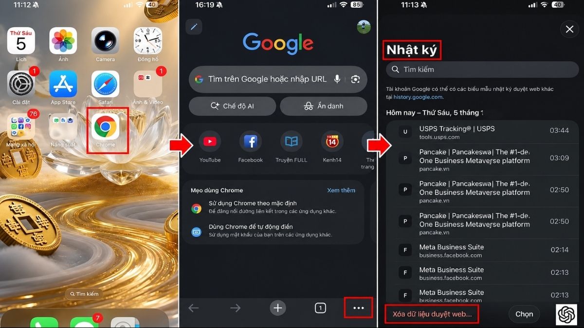Cách Xóa lịch sử duyệt web Google Chrome trên điện thoại bước 1