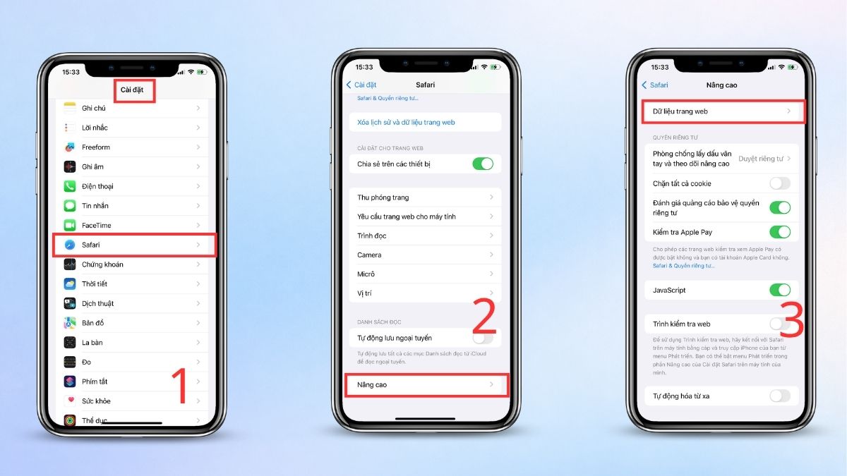 Xóa cache và dữ liệu trang web Safari qua Cài đặt