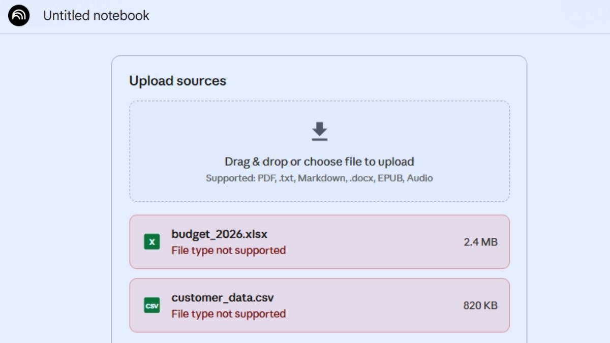 Lỗi không hỗ trợ file Excel trên NotebookLM 