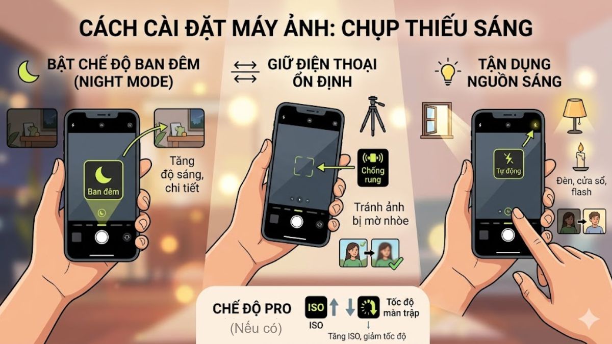 Cách Cài đặt để chụp trong nhà hoặc thiếu sáng