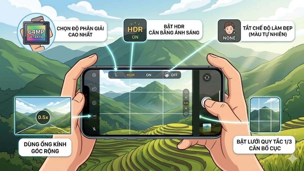 Cách Cài đặt để chụp phong cảnh rõ nét