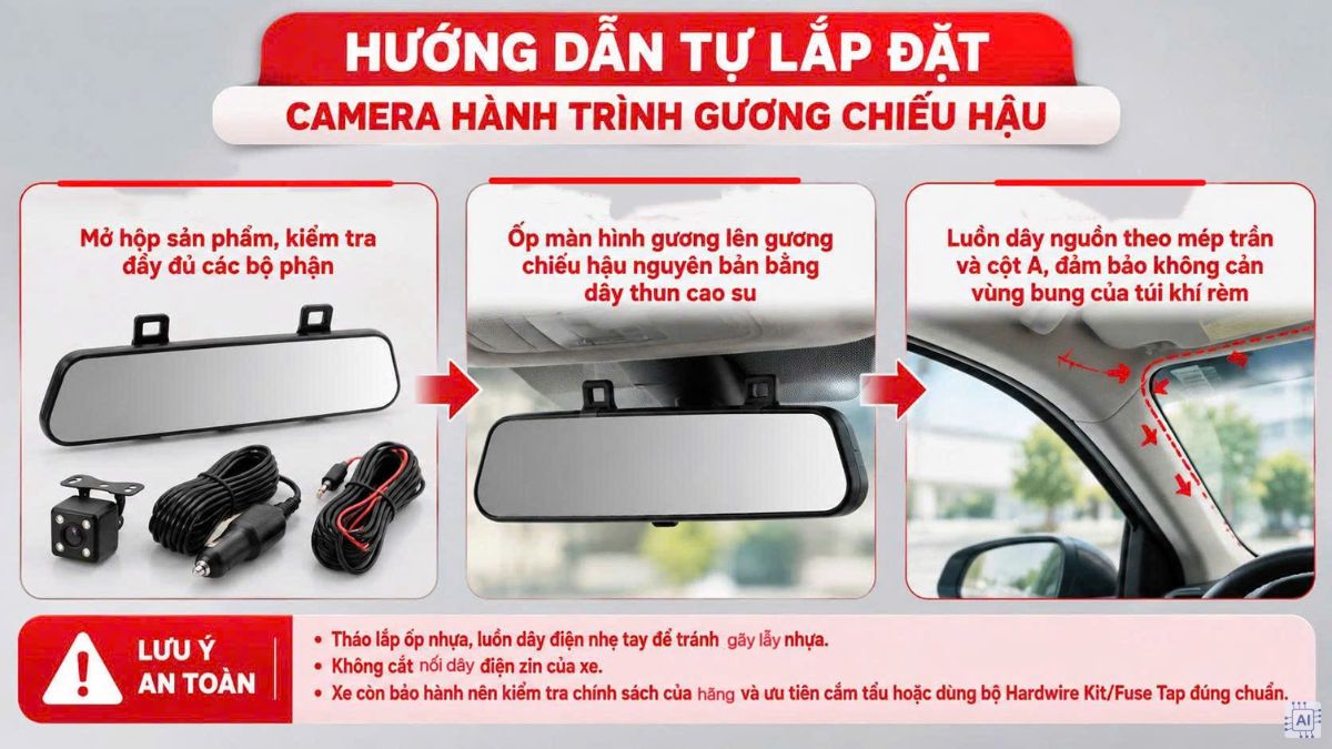 Hướng dẫn tự lắp đặt camera hành trình gương chiếu hậu