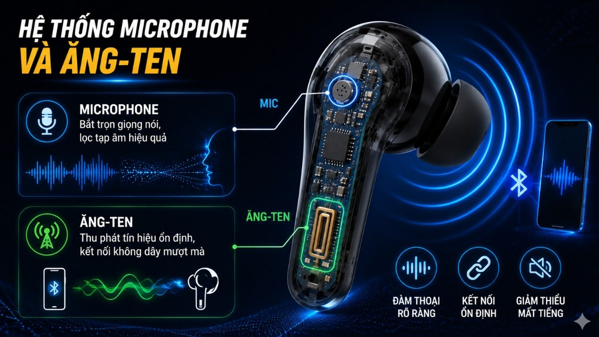Hệ thống Microphone và Ăng-ten tai nghe không dây