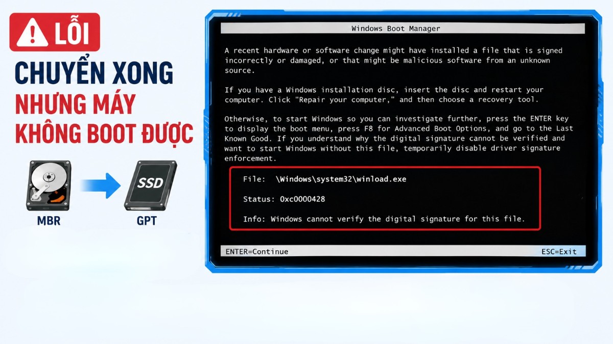Chuyển xong nhưng máy không boot được