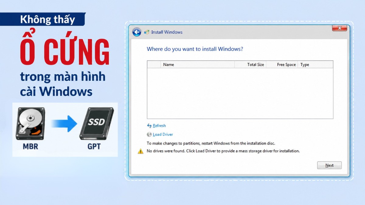 Không thấy ổ cứng trong màn hình cài Windows