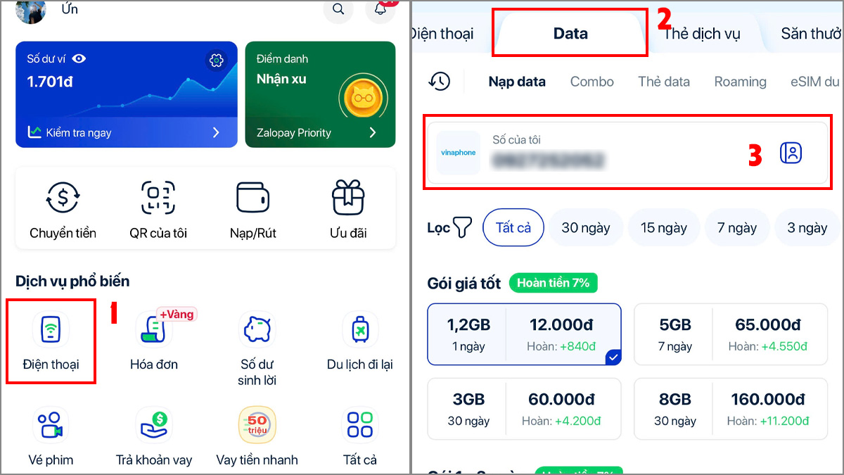 Đăng ký gói 4G Vinaphone trên ZaloPay bước 1