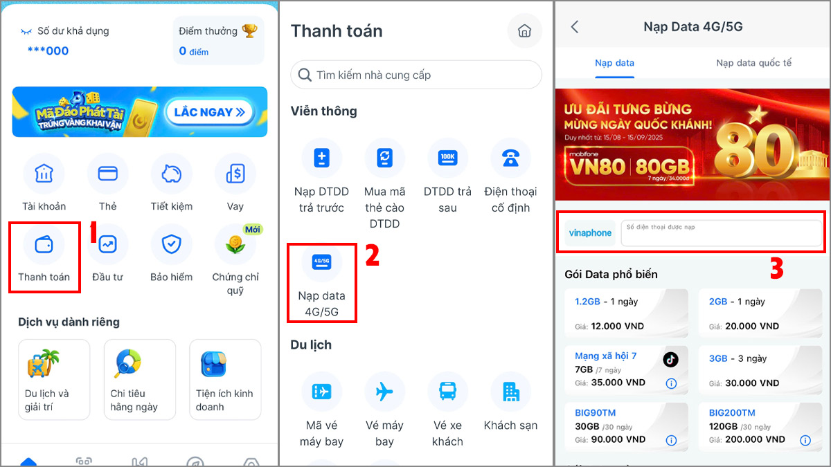 Đăng ký gói 4G Vinaphone trên App ngân hàng bước 1