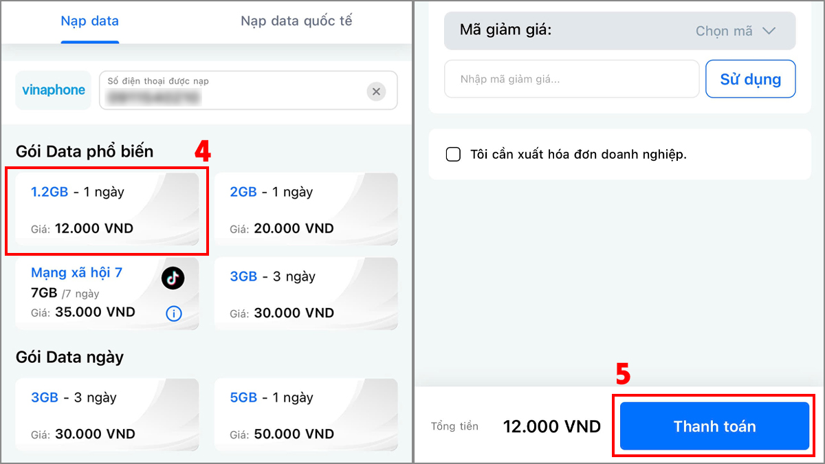 Đăng ký gói 4G Vinaphone trên App ngân hàng bước 4