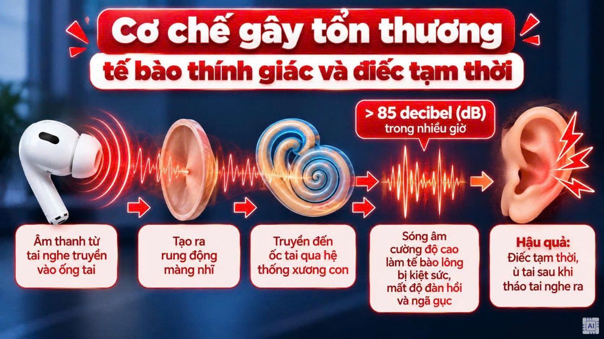 Cơ chế gây tổn thương tế bào thính giác và điếc tạm thời