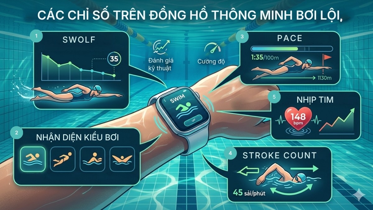 Đồng hồ thông minh bơi lội đo được những chỉ số nào?