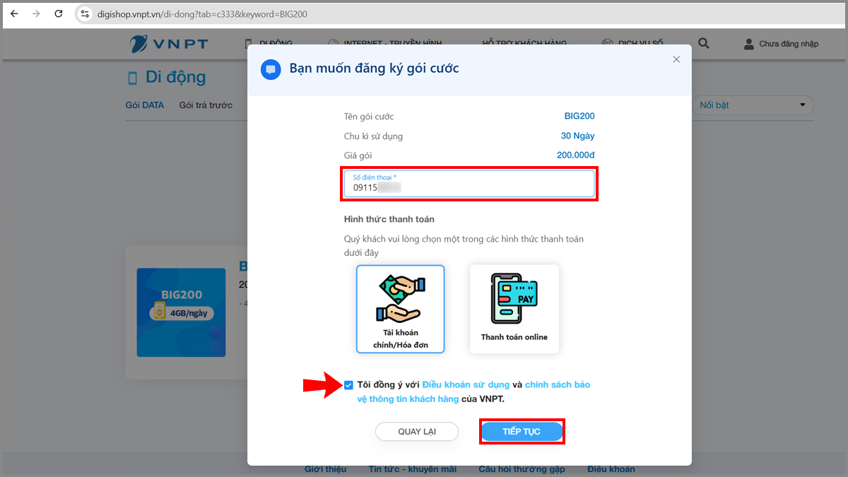 Đăng ký gói BIG200 qua website Digishop bước 4