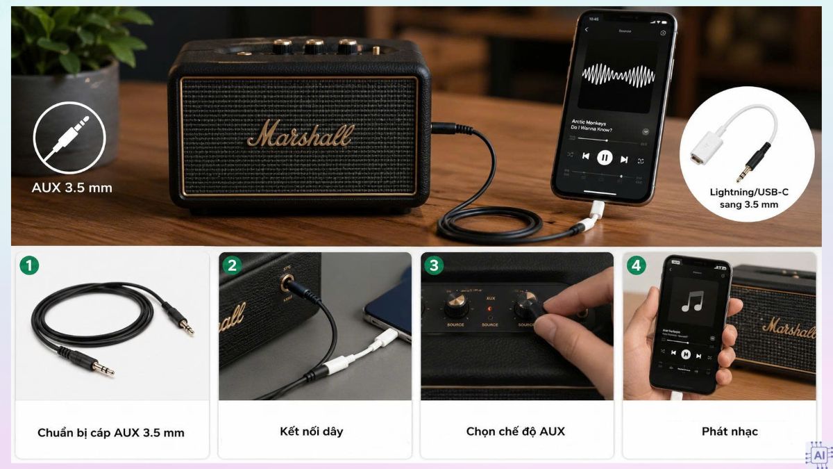 Kết nối loa Marshall với iPhone bằng dây AUX