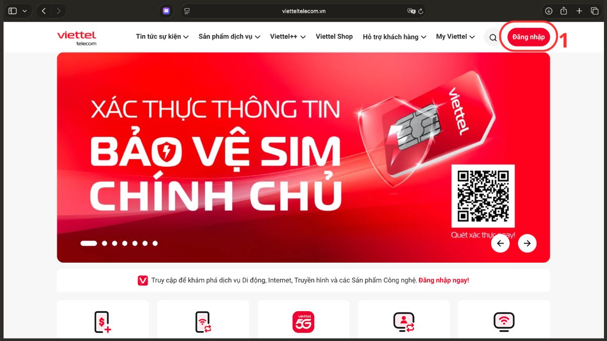 Cách kiểm tra dung lượng còn của Viettel trên Website bước 1