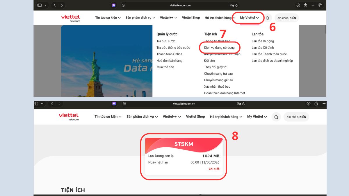 Cách kiểm tra dung lượng còn của Viettel trên Website bước 3