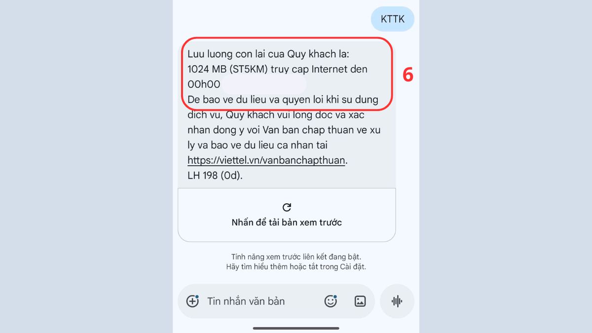 Cú pháp kiểm tra dung lượng 5G Viettel qua tin nhắn bước 3