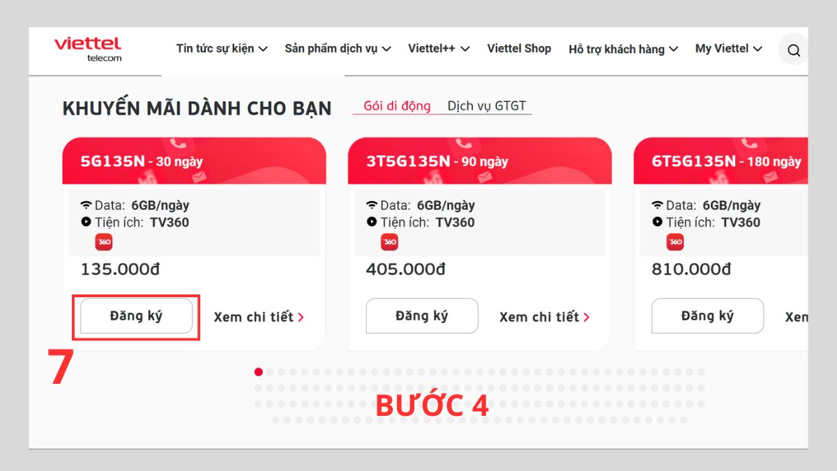 kiểm tra gói cước Viettel có thể đăng ký qua Website Viettel bước 4
