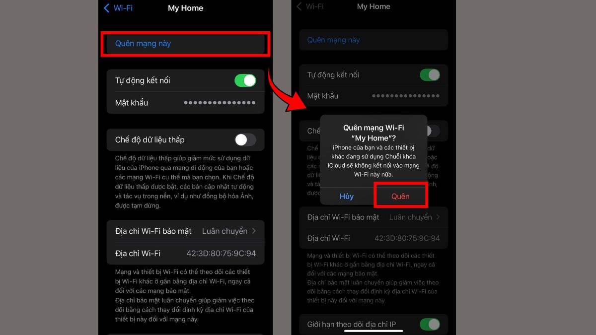 Quên mạng WiFi và thực hiện kết nối lại bước 2