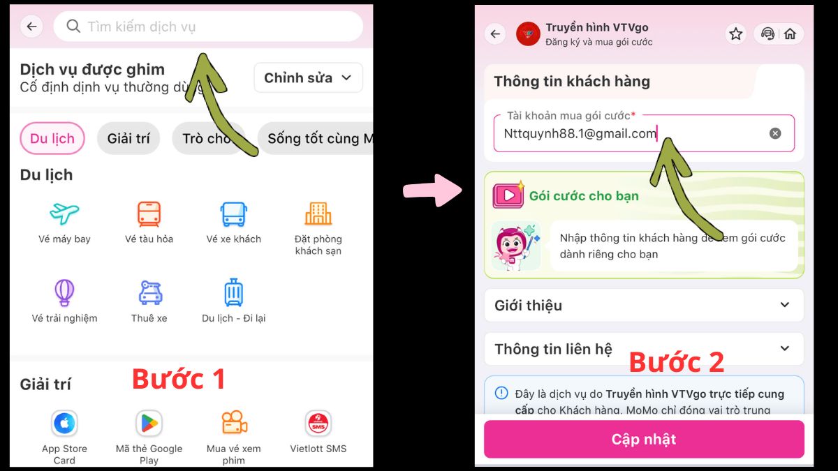 Cách mua gói VTV go trên ứng dụng MOMO