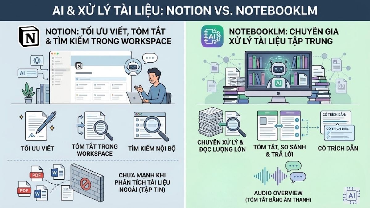 Khả năng AI và xử lý tài liệu Notion vs NotebookLM
