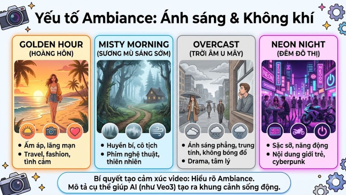 prompt veo3 tuỳ chỉnh ánh sáng và không khí