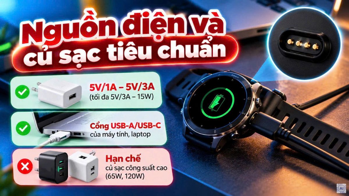 Nguồn điện và củ sạc tiêu chuẩn sạc đồng hồ Garmin