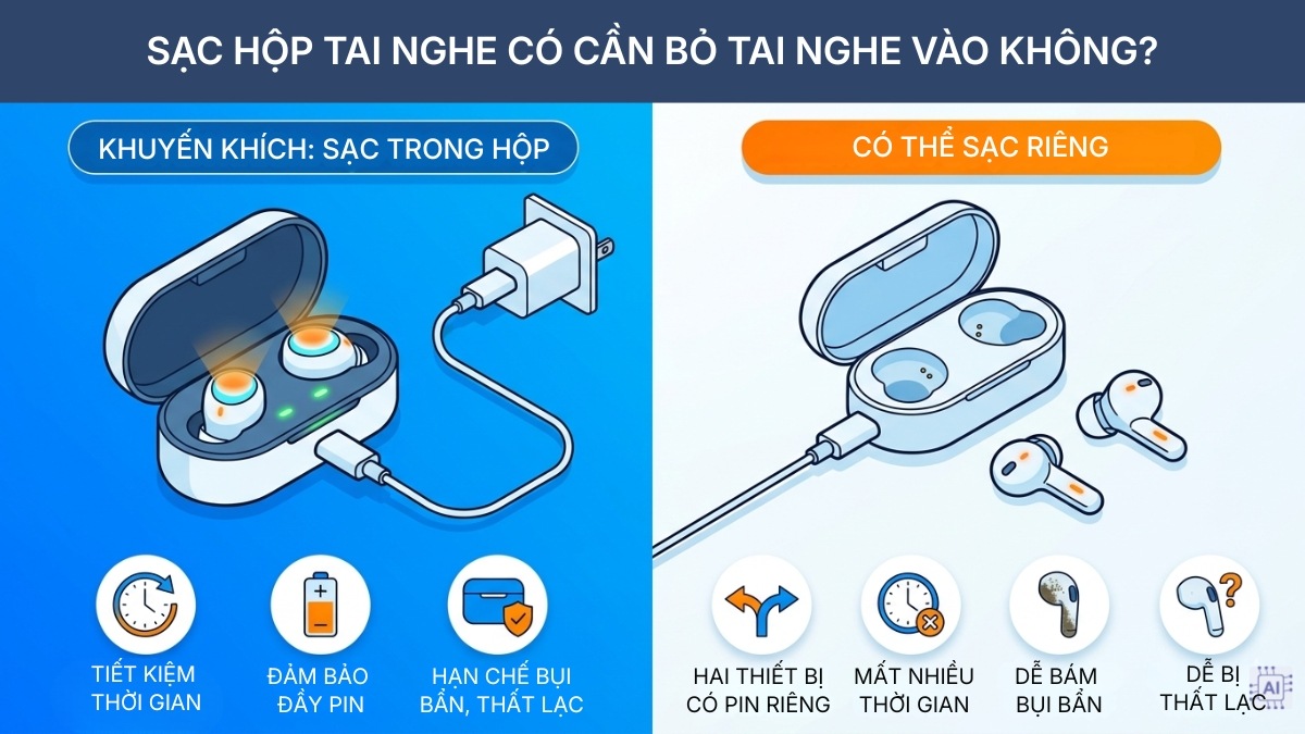 Sạc hộp tai nghe có cần bỏ tai nghe vào không