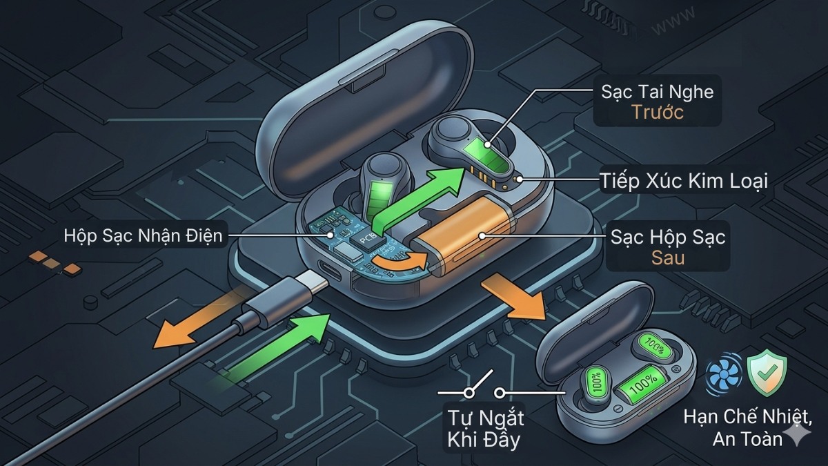 Cơ chế hoạt động của hộp sạc và tai nghe khi kết nối nguồn điện