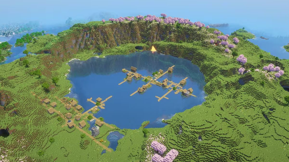 seed Minecraft Village on a deep lake surrounded by cherry grove trees