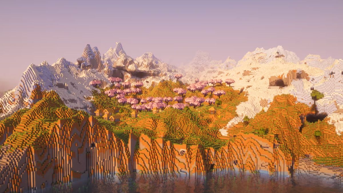seed Minecraft Mountainside cherry grove valley and village