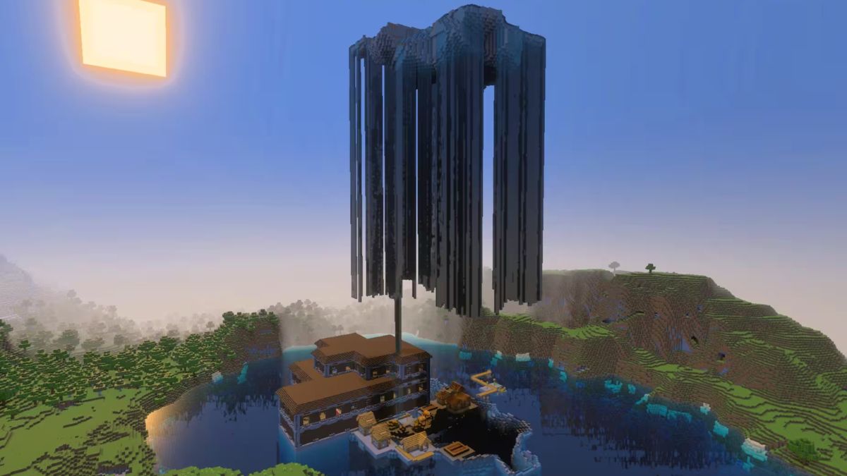 seed Minecraft Woodland mansion and village with floating island above