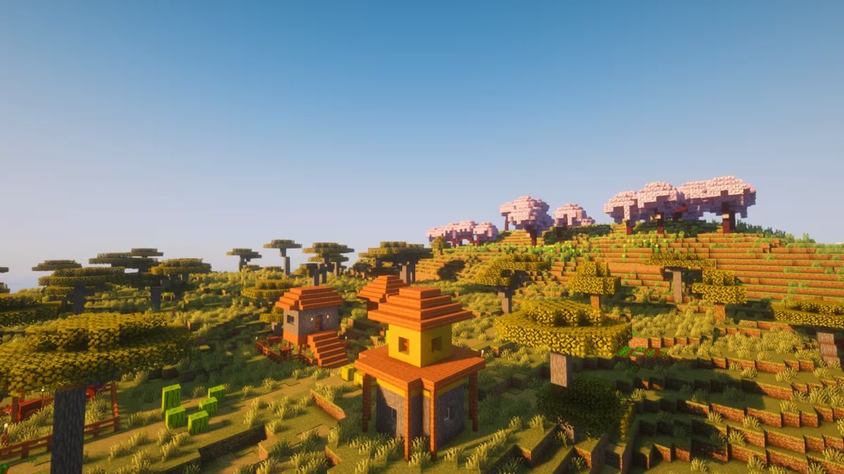 seed Minecraft Savanna village and cherry grove island