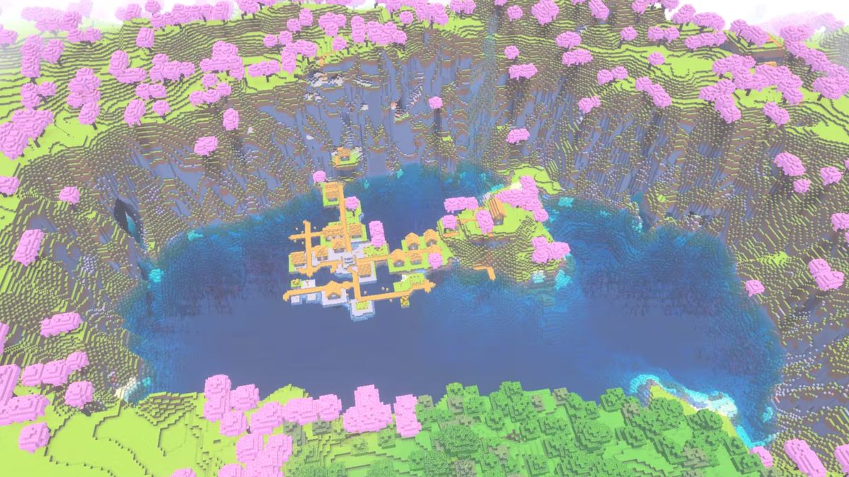 seed Minecraft Cherry grove village lake within cherry grove ring