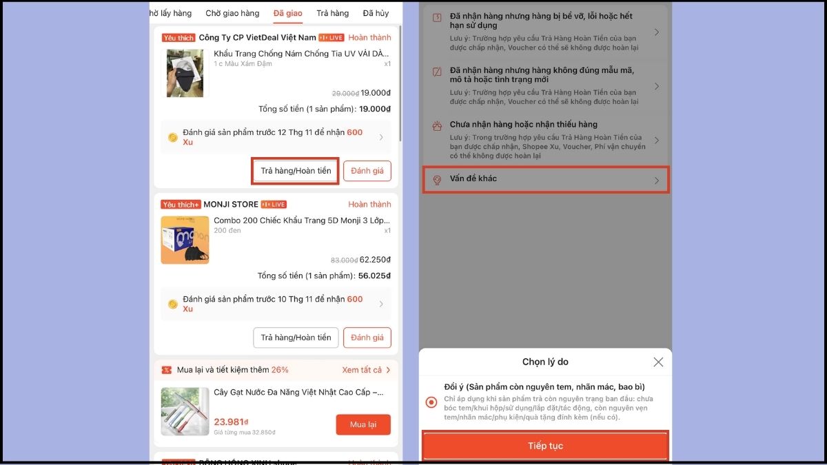 Các bước thực hiện trả hàng trên ứng dụng Shopee bước 2