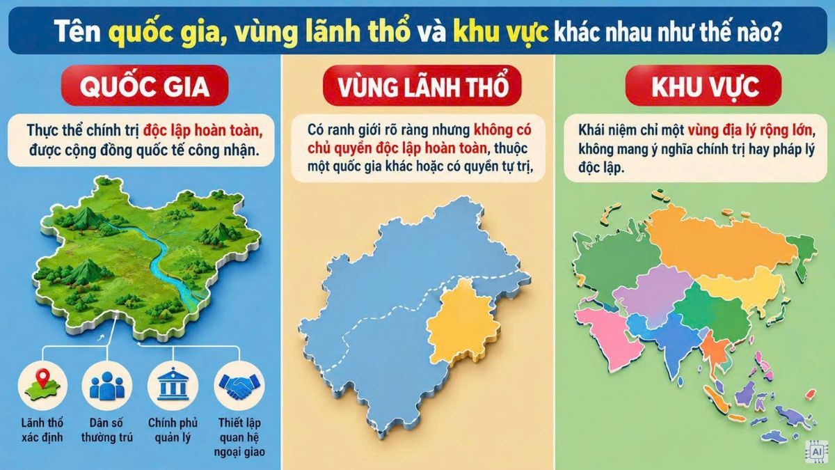 Tên quốc gia, vùng lãnh thổ và khu vực khác nhau như thế nào