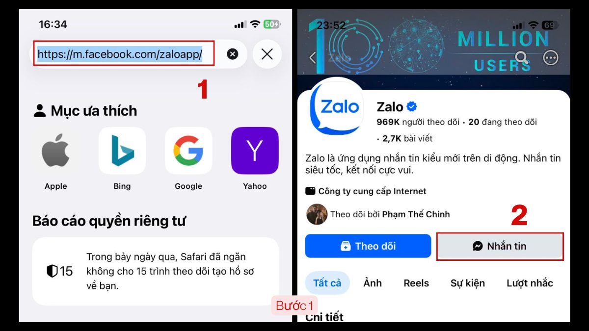 Cách chat trực tiếp với nhân viên hỗ trợ Zalo qua Fanpage Bước 1