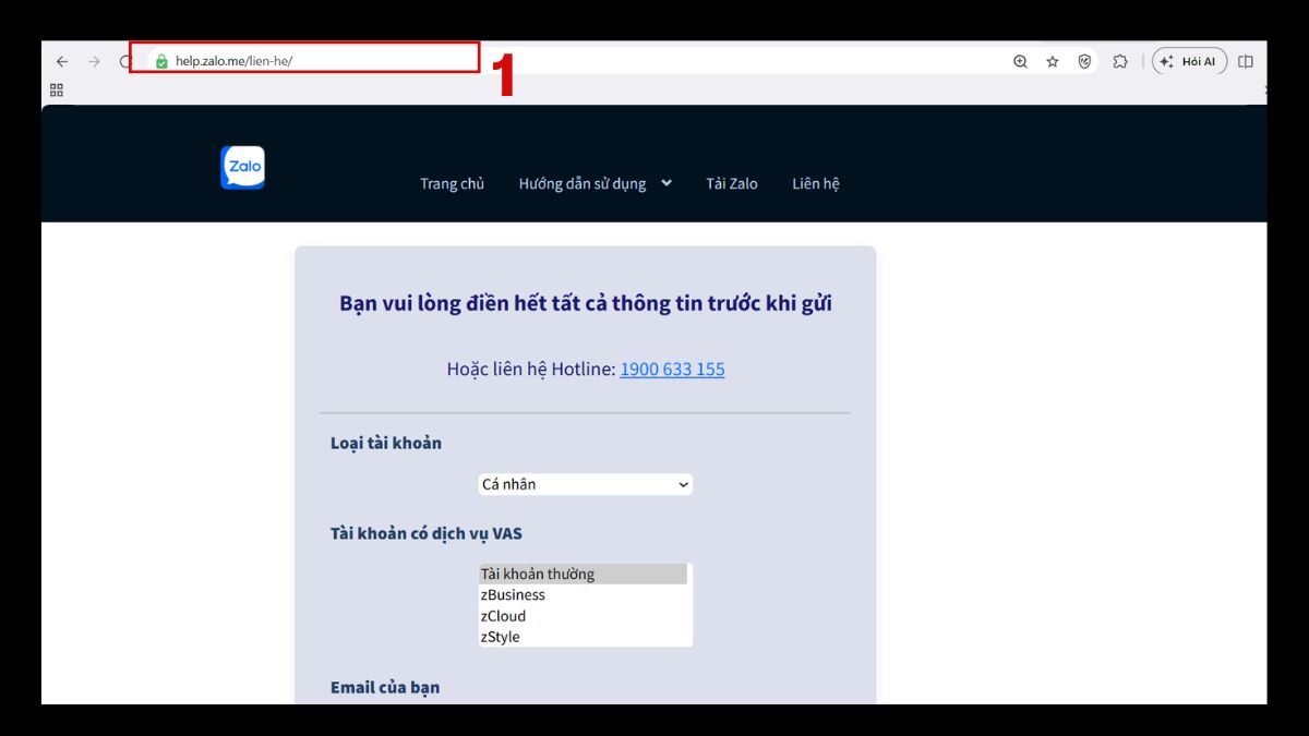 Liên hệ Hotline Zalo qua Website và Email Bước 1
