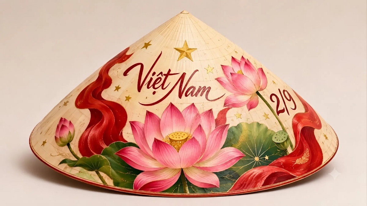 mẫu nón lá trang trí 2/9 hoa sen 2