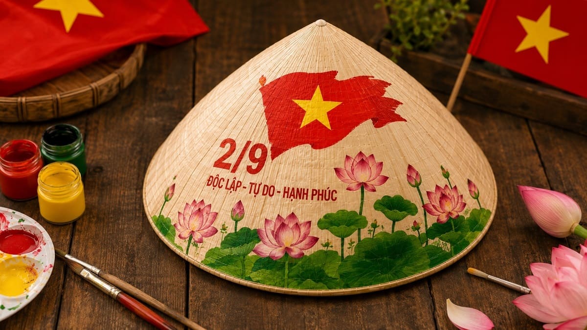 mẫu nón lá trang trí 2/9 hoa sen 3