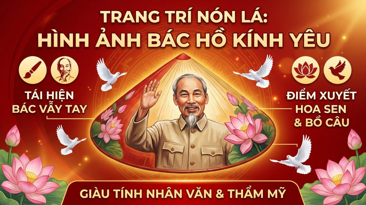Trang trí nón lá hình ảnh Bác Hồ kính yêu
