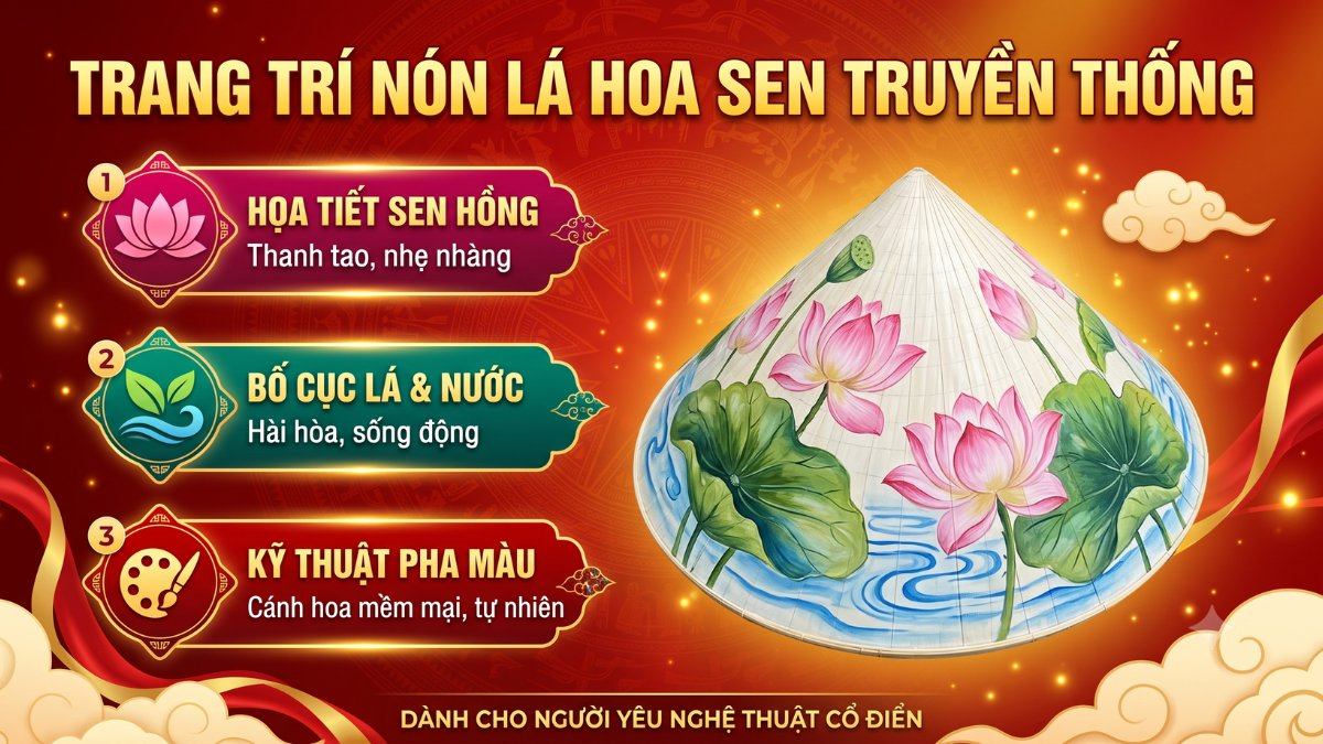 Trang trí nón lá họa tiết hoa sen truyền thống