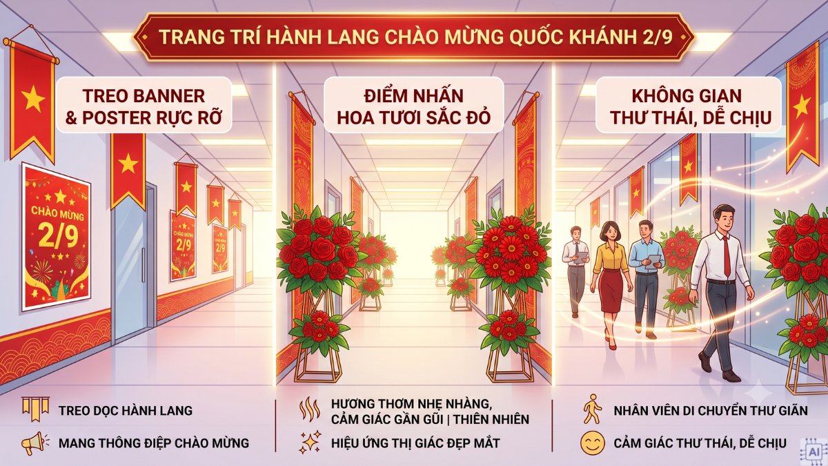 Trang trí hành lang bằng banner, poster và hoa tươi